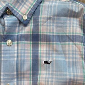 Vineyard Vines light blue, pink, and white plaid Shirt.